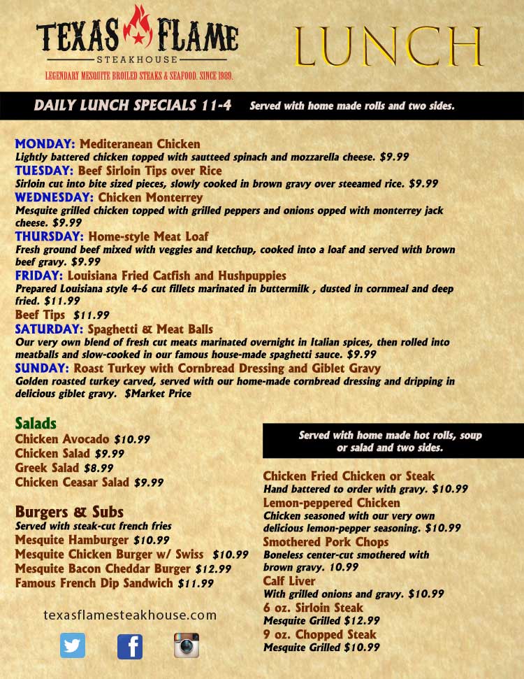 Texas Flame Steakhouse Lunch Menu - Best Restaurants in Corpus Christi, Texas