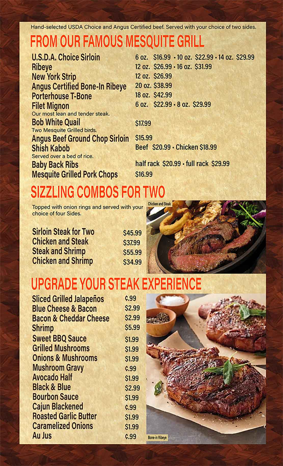 Texas Flame Steakhouse Dinner Menu- Best Restaurants in Corpus Christi, Texas